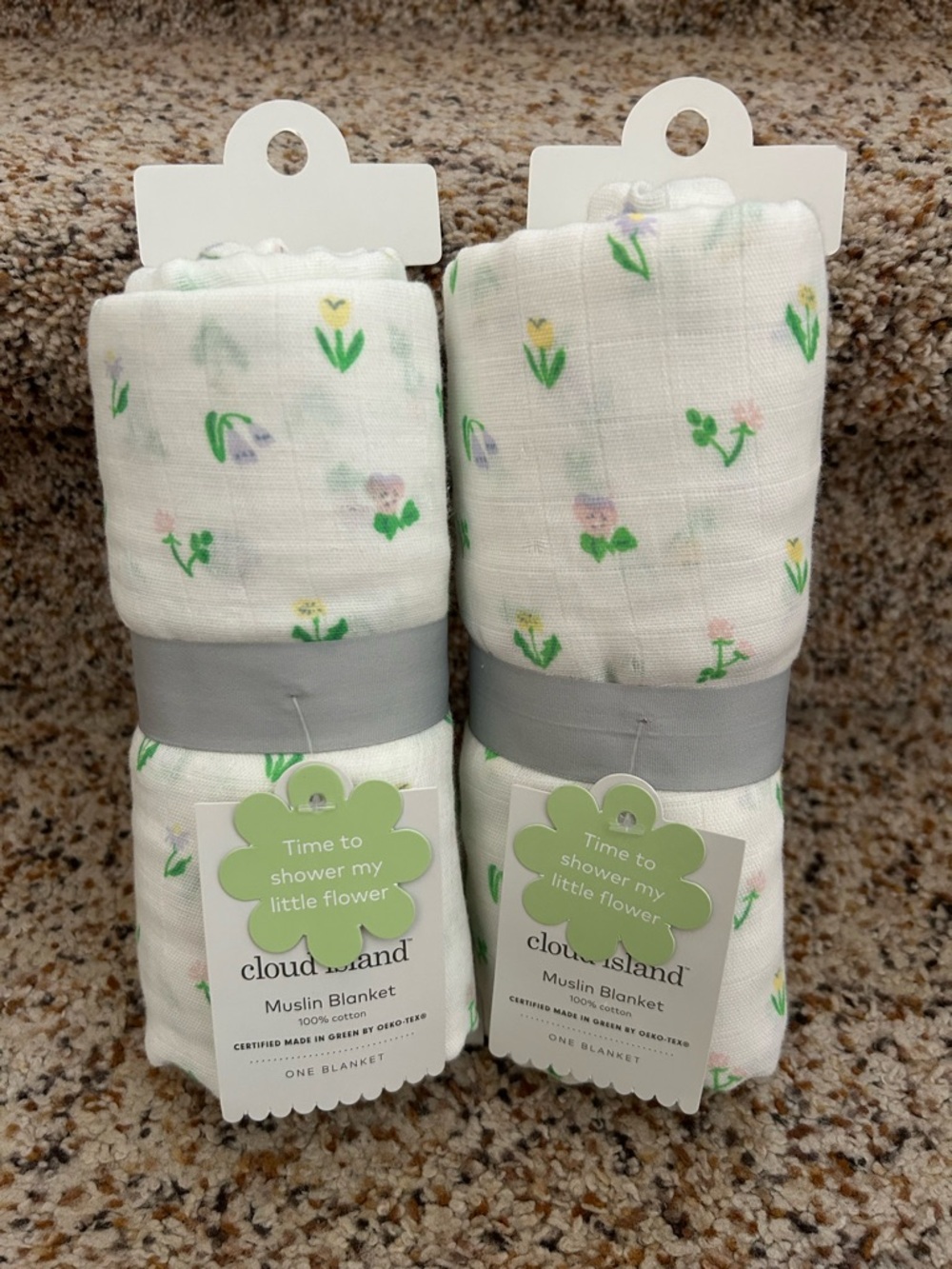 BNWT Cloud Island White Muslin Baby Blanket with Green Floral Sprigs (2 pkgs)